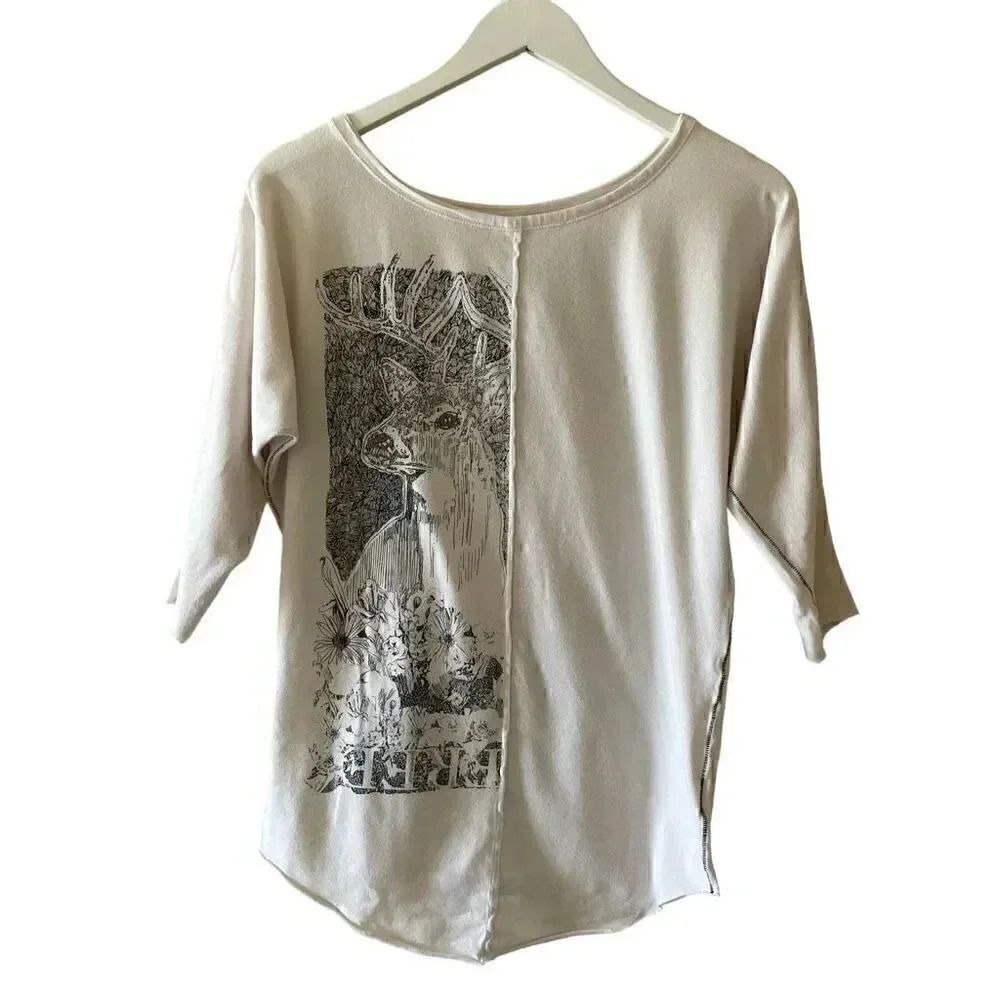 Free People White ¾ Long Sleeves Deer Graphic Bohemian Soft Cotton SZ SP # 1767